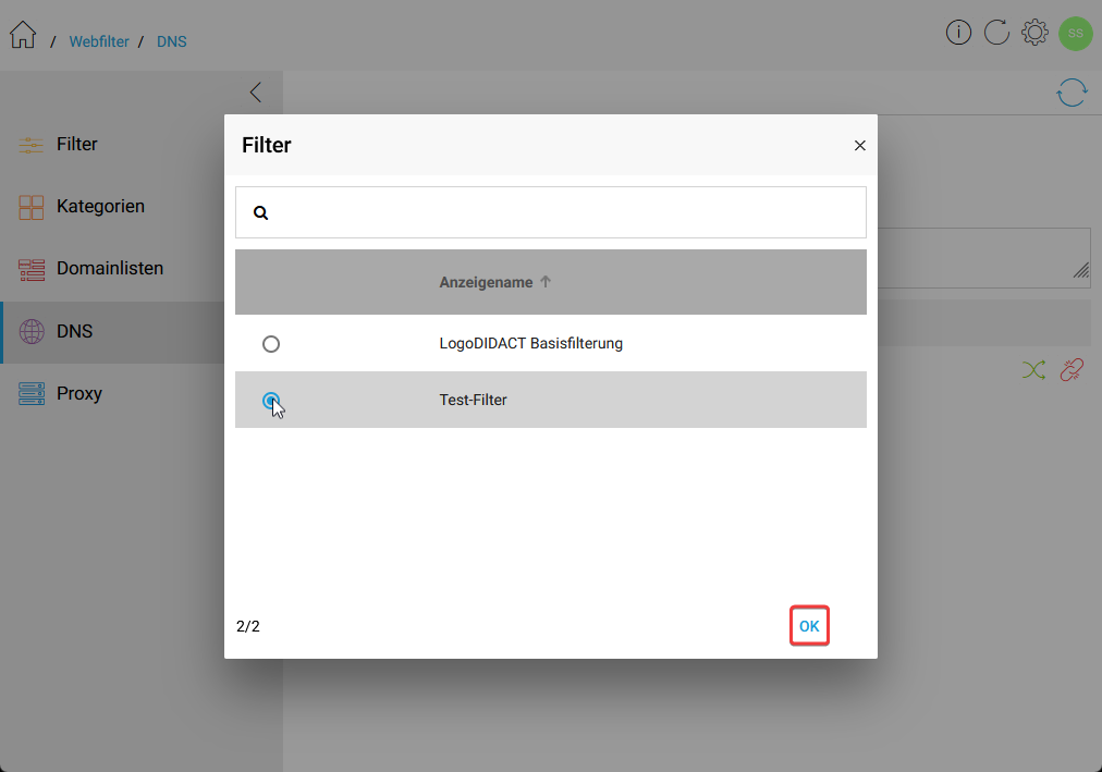 DNS Filter auswählen